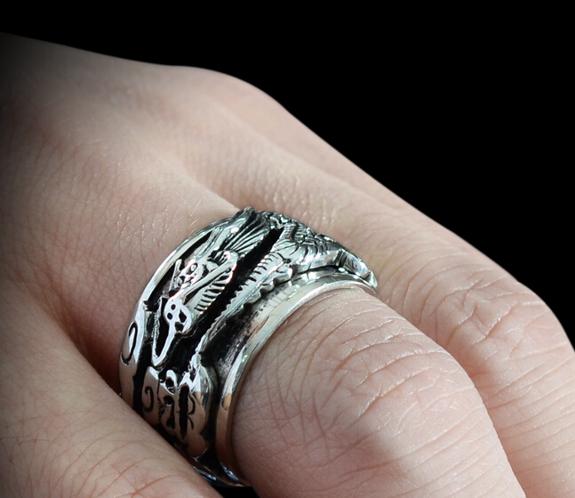 Fashion 925 Silver Dragon Carving Wide Prayer Ring